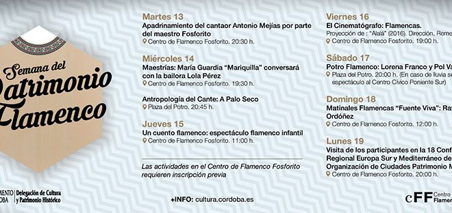 Programación 'Semana del Patrimonio Flamenco' organizada por el Centro Flamenco Fosforito en conmemoración del Día del Flamenco.